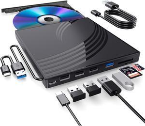 External CD/DVD Drive for Laptop, Ultra Slim CD Burner USB 3.0 Hub with 4 USB Ports, 2 TF/SD Card Slots,1 Type-C Port,DVD Player for Laptop Compatible with mac OS/Windows/Linux
