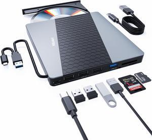 Unitek External CD DVD Drive, USB3.0/USB C 7-in-1 Portable CD DVD Player with Card Reader USB Hub CD ROM Burner Reader Supports Windows11/10/8.1/8/7/vista/2003/XP/2000/Surface,Linux,Mac 10 OS
