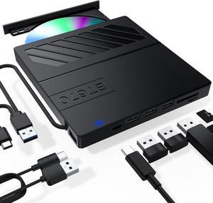 External CD DVD Drive USB C USB 3.0, Portable CD DVD +/-RW Burner DVD Player for Laptop 8 in 1 Hub with SD/Micro SD Card Reader Compatible with Laptop Desktop Mac PC Windows Linux