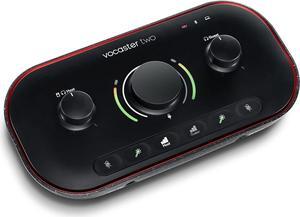 Podcasting Interface for Recording Host and Guest. Two Mic Inputs and Two Headphone Outputs, with Auto Gain, Enhance, and Mute. Small, Lightweight, and Powered by Computer.