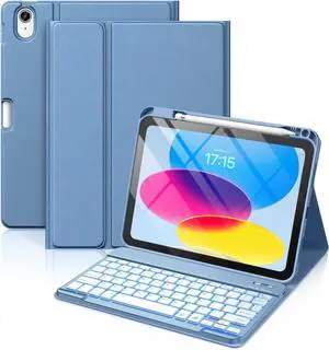 iPad 10th Generation Case with Keyboard 10.9 Inch - 7 Colors Backlit Wireless Detachable Folio Keyboard Cover with Pencil Holder for New iPad 10th Gen 2022 (Blue)