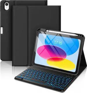 iPad 10th Generation Case with Keyboard - Keyboard Case for iPad 10.9 Inch 2022, 7 Colors Backlit Wireless Detachable Folio Keyboard Cover with Pencil Holder for Latest iPad 10th Gen (Black)