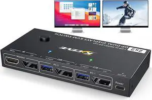 MST Displayport KVM Switch 2 Monitors 2 Computers 4K@144Hz,(1 DP in,DP+HDMI Out),Camgeet Dual Monitor KVM Switch Displayport 1.4 with 4 USB 3.0 Port for USB Device,Wired Remote and 4 Cables Included