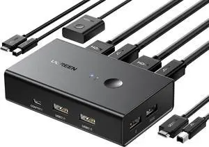 UGREEN KVM Switch, Share 4 USB Ports, USB and HDMI Switch for 2 Computers for Keyboard Mouse Printer to One Monitor Support 4K@60Hz, 3D, HDR, Include Desktop Controller, 2 USB Cables and 2 HDMI Cables