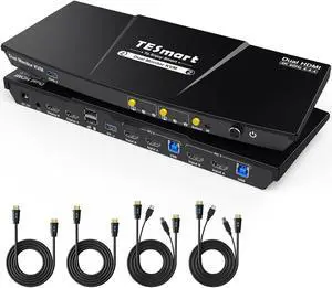 USB 3.0 HDMI KVM Switch 2 Monitors 2 Computers 4K@60Hz, Dual Monitor KVM Switch HDMI 2 Port Extended Display, Audio&Microphone, EDID Emulators, Hotkey Switch, Button Switch with Input Cables