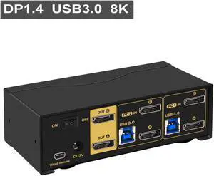 2 Port Dual Monitor KVM Displayport 1.4 with Cables and Extra 2pcs USB 3.0 Hub, DP KVM Switch 2 Monitors 2 Computers with Audio Support 8K@30Hz, 4K@144Hz