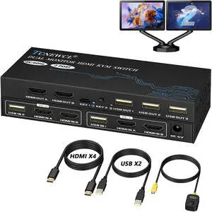 KVM Switch 2 Monitors 2 Computers, 4K@60Hz Dual Monitor HDMI KVM Switch 2 Port for Extended Display and USB Hub, Include USB HDMI Cable and Desktop Controller