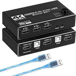 4K@60Hz KVM Switch HDMI, NEWCARE kvm Switch 1 Monitors 2 Computers, USB KVM Switch with USB Cable, Support UHD Wireless Keyboard and Mouse,U Disk, Printer, USB Camera,No Power Require