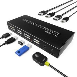 Displayport kvm Switch - 2 Port DP KVM Switch,Display Port Monitor Switch for 2 Computers Share 3 USB2.0 Keyboard Mouse Printer,U-Disk,Support 4K@60Hz,2 DP&2 USB Cables 1 Desktop Controller