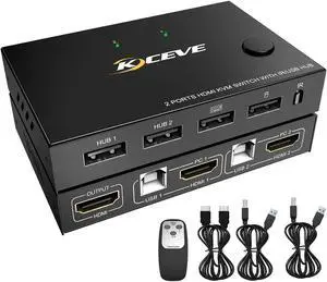 KVM Switch HDMI KVM Switch 2 Ports HDMI KVM Switch USB 2.0 Switcher Box 2 in 1 Out for 2 Computers Share Keyboard and Mouse Support 4K@30Hz, with Remote Control and 2 USB 2.0