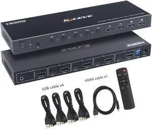 KVM Switch HDMI 4 Port Support 4K@60Hz 2K@120Hz Simulation EDID,Hotkey KVM Switch for 4 Computers Share 1 Monitor and 4 USB Port,with Remote Control and KVM Cables