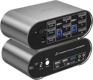 2 Port DP USB 3.0 KVM Switch Triple Monitor Two Computers Three DisplayPort Monitors, 8K@30Hz 4K@144Hz, Aluminum hotkey Audio mic, Digital Display, HDR10 with Cables