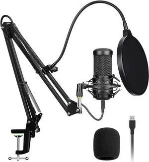 Condenser Microphone,PC Computer Podcast USB Condenser Microphone Cardioid Metal Mic Kit for Recording, Podcasting, Home Studio, YouTube, Black, BM-800