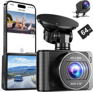 Dash Camera, 4K/1080p Dash Cam Front Rear Built-in WiFi, with 64GB SD Card, Full HD 2.0 IPS Screen Dash Camera for Cars with App Control, G-Sensor, Loop Recording, Parking Mode