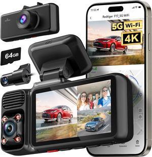 4K 3 Channel Dash Cam 5G WiFi Built-in GPS with 64GB Card, 2160P+1080P+1080P Front and Rear Inside Loop Recording, Triple Car Camera with 3 Inch Screen, IR Night Vision, WDR, Parking Mode