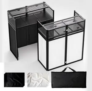 Portable DJ Booth Table,Foldable DJ Table Stand with White & Black Scrim,Adjustable DJ Facade Booth Station Metal Frame DJ Table with Cable Hole for Private Events, Clubs, Bars (40x20 Double Deck)