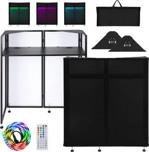 DJ Facade Booth 41"L x 20"W Portable DJ Facade with White & Black Scrim, Foldable DJ Table Station with LED Strips for Party, Black Metal Frame