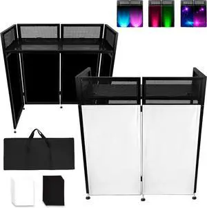 DJ Booth Table Station 44"x42"x21", DJ Facade Booth w/Black & White Lighting Scrims, Detachable 40"x20" DJ Table, Carrying Bag, Foldable Metal Frame DJ Booth Panel for Show, Party, Gathering