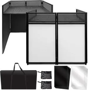 Portable DJ Facade Booth with Black and White Lighting Scrims, Carry Cases | Standing DJ Table - 40" x 20" | DJ Controller Stand | Recording Mixer Stand| DJ Booth (ES-01)