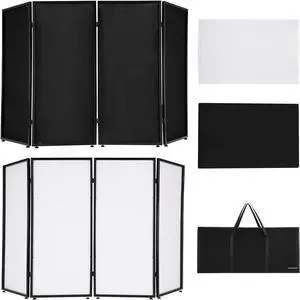 DJ Facade Booth Portable Event Cover Screen - Foldable 4 Detachable Metal Frame Light Projector Display Scrim Panel Stand with Carry Bag (White and Black)