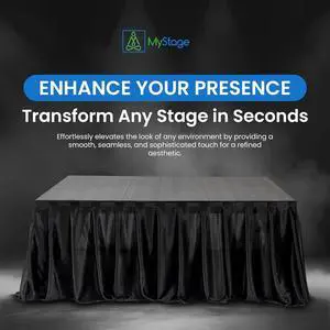16 x 28 MyStage Portable Stage Skirt - Black Satin Fabric Adhesive for Events, Performances, & Wedding Staging, High-Quality Wrinkle-Free Platform Skirting Cloth - (Black)