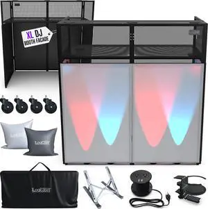 XL 50x25in Portable DJ Booth Facade Table with White/Black Scrims | Controller and Audio Mixer Stand, With Wheels, Multiplug, Laptop Stand, Cable Organizer, Headphones Holder and Carry Bag