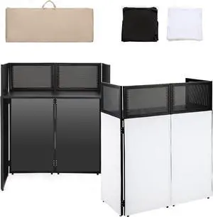 DJ Booth Portable DJ Facade Table Station, Foldable DJ Event Booth Facade with 38.5" x 19" Flat Table Top, DJ Table Stand with Black & White Scrims, Carrying Bag