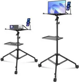 Projector Stand with Wheels, Laptop Stand Tripod Adjustable Height from 31.3 to 67.3", Projector Tripod Stand with 2 Trays & Gooseneck Phone Holder, for Outdoor Movies, Home, Office or Studio