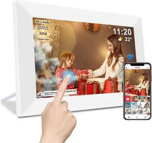 10.1 Inch WiFi Digital Picture Frame, 32GB Storage & SD Slot, IPS Touch Screen with Auto-Rotate, Remote Photo/Video Sharing via App (White)