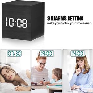 Acaigel Digital Alarm Clock Wooden Electronic LED Time Display Battery Operated with Indoor Temperature 3 Alarm Settings