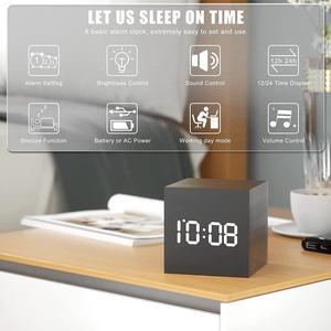 Digital Alarm Clock Wooden Electronic LED Time Display Battery Operated Desk Small Clock with Indoor Temperature 3 Alarm Settings Adjustable Alarm Volume Black