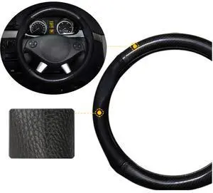 Acaigel 38CM Deluxe Black Carbon Fiber & Leather Car Steering Wheel Cover Trim