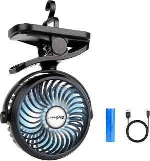 Clip On Camping Fan with LED Lights, 2200 mAh Rechargeable Battery/USB Operated Mini Fan with Hook Portable for Home Office Outdoors Travel Camping Hiking
