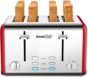 Toaster 4 Slice, Geek Chef Stainless Steel Extra-Wide Slot Toaster with Dual Control Panels of Bagel/Defrost/Cancel functi.