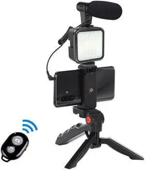 KIT-01LM Vloggging Kits Professional Photography Set with microphone LED Fill Light Tripod Cell Phone Holder Clip Wireless Remote Control for Smart Phones PC Camera Vlogging YouTube Live Recording