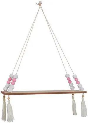 Wood Wall Mounted Shelf Beads Board Tassels Hanging Storage Shelf Floating Rack Book Holder Bookshelf Home Office Decor