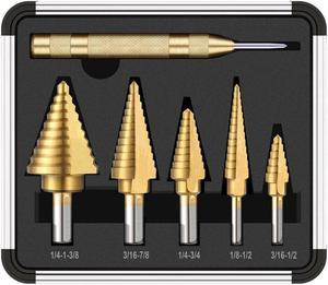 6Pcs HSS Titanium Coated Step Drill Bit With Center Punch Drill Set Hole Cutter Drilling Tool