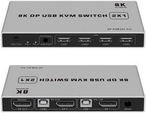 Displayport KVM Switch 8K@60Hz USB Displayport KVM DP Switcher 4KX2K/60Hz Displayport 2 in 1 out KVM USB