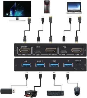 2-Port USB KVM 4K Switch Splitter For Shared Monitor Keyboard And Mouse Adaptive EDID / HDCP Printer Plug And Play