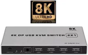 2 Port Displayport KVM Switch 8K@60Hz USB Displayport KVM DP Switcher USB KVM 4K@144hz Displayport 2 in 1 out