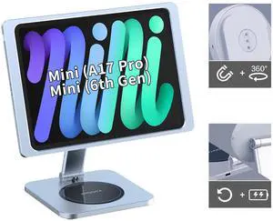 EMONITA Foldable Magnetic Stand with Charging Case A6 for iPad Mini (A17 Pro, A15 Bionic) 8.3-Inch. Strong Magnets, 360 Rotation, 90 Tilt, 45W Fast Charger Adapter USB C Cable Included