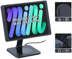 EMONITA Foldable Magnetic Stand with Charging Case A6 for iPad Mini (A17 Pro, A15 Bionic) 8.3-Inch. Strong Magnets, 360 Rotation, 90 Tilt, 45W Fast Charger Adapter USB C Cable Included