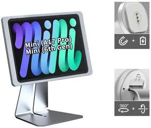 EMONITA Magnetic iPad Stand with Charging Case for iPad mini (6th gen/ A17) 8.3", 360° Adjustable and Rotatable Charging Port