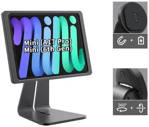 EMONITA Magnetic iPad Stand with Charging Case for iPad mini (6th gen/ A17) 8.3", 360° Adjustable and Rotatable Charging Port