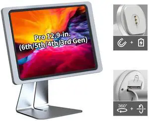 EMONITA Magnetic Stand on Desk with Charging Case A10 for iPad Pro (6th / 5th / 4th / 3rd Generation) 12.9-Inch, Classic L Shape, Sturdy Metal Base, Strong Magnets, 360 Rotation, 90 Tilt