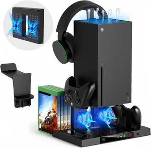 CZQEPMB Upgraded Vertical Cooling Stand for Xbox Series X with Controller Charger Station Dock, Dual Suction Cooler Fan System Stand Accessories with 8 Game Storage Organizer, Headset Hanger