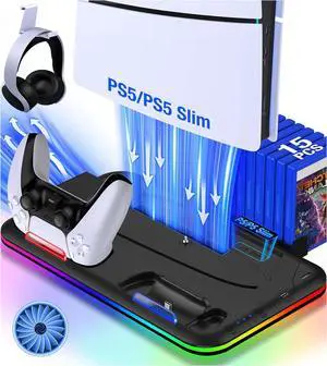 CZQEPMB PS5 Stand, PS5 Slim Stand with Cooling Station and Controller Charging Station for PS5 Slim Console Disc/Digital, PS5 Accessories-Cooling Fan, RGB LED, Headset Holder, 15 Game Slot
