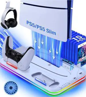 CZQEPMB PS5 Stand, PS5 Slim Stand with Cooling Station and Controller Charging Station for PS5 Slim Console Disc/Digital, PS5 Accessories-Cooling Fan, RGB LED, Headset Holder, 15 Game Slot White