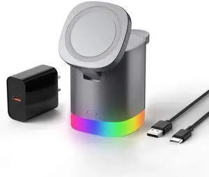 3-in-1 Charger Stand for Magsafe: Foldable Wireless Charging Station with Night Lights - Magnetic Charger Dock for iPhone 15/14/13/12 Pro/Max/Plus, AirPods, Apple Watch 2-9