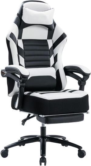 KILLABEE Big and Tall 400lb Massage Memory Foam Gaming Chair - Adjustable Tilt, Back Angle and Flip-Up Arms,High-Back Leather Racing Executive Computer Desk Office Chair, Metal Base White Black
